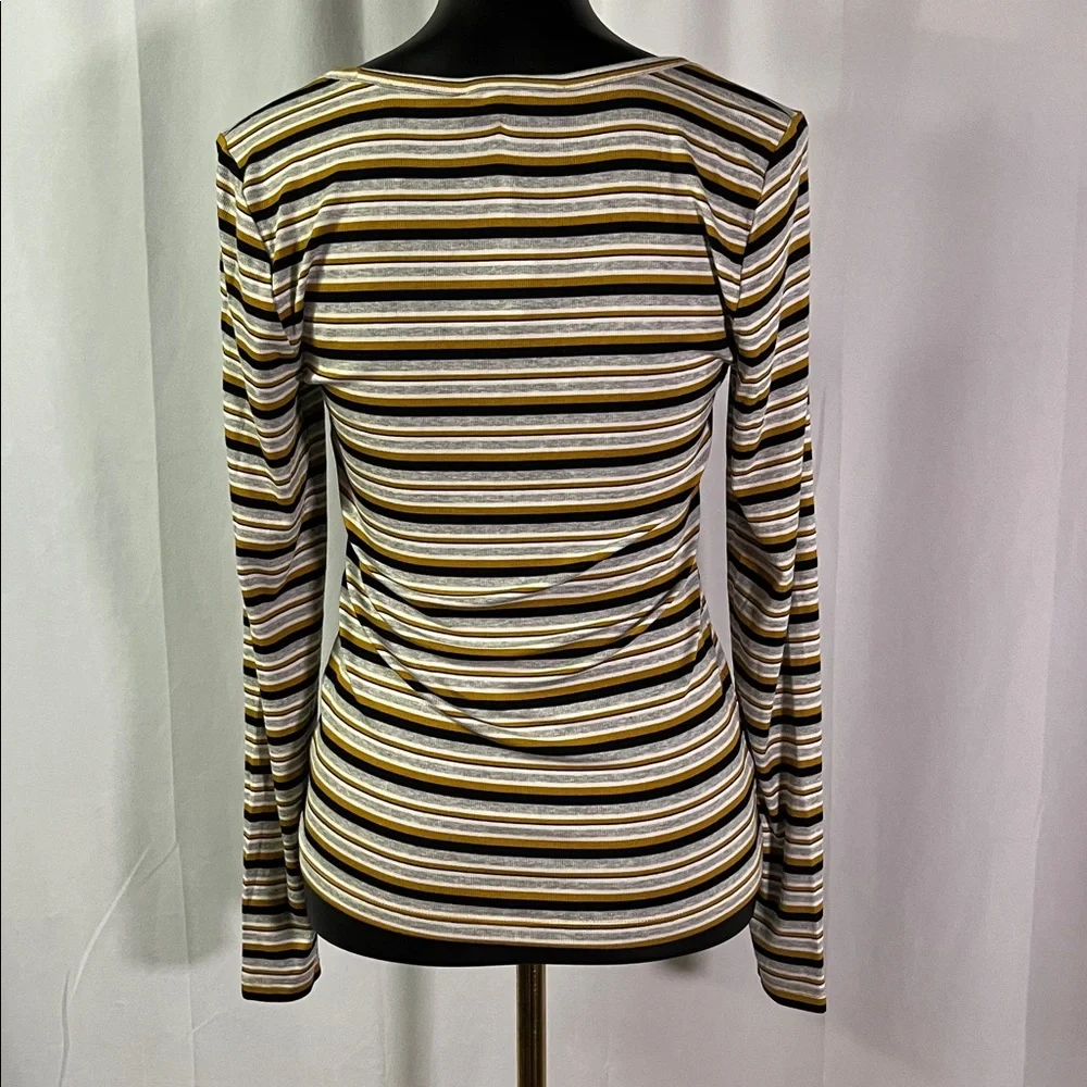 NWT LOFT Mustard Yellow Black & Gray Striped Long Sleeve Round Neck Top